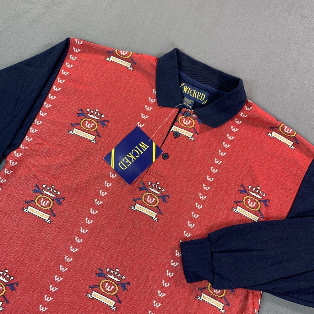 NEW Wicked Polo Shirt Men LG Red Navy Crest AOP Long Sleeve Knit Preppy Graphic